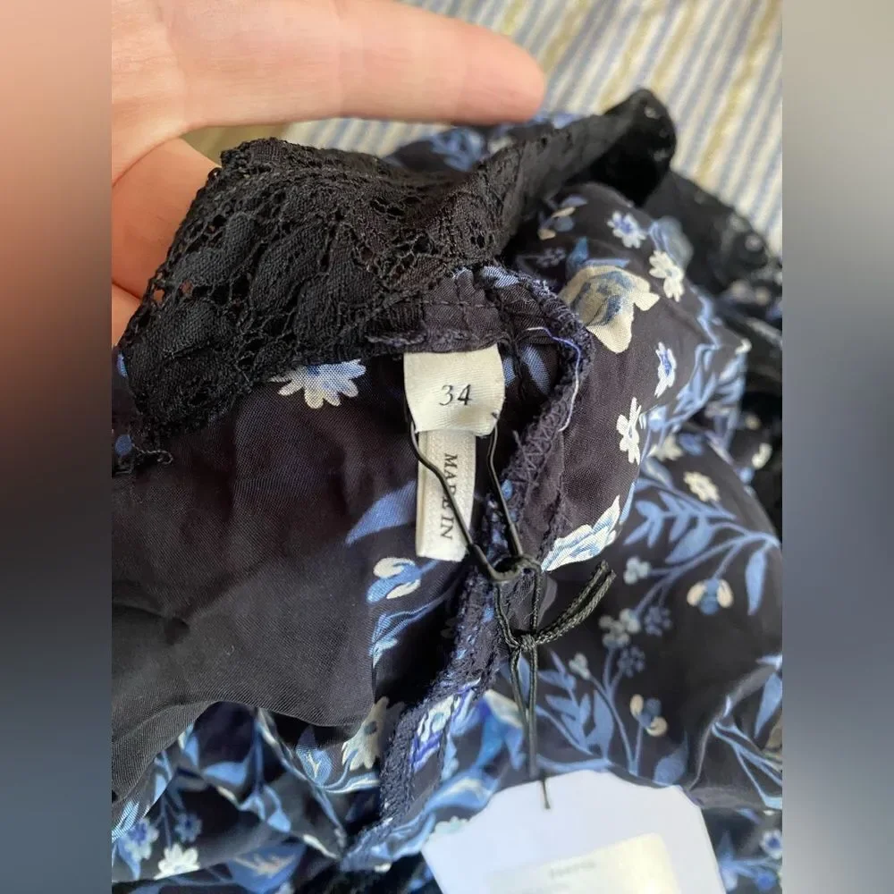 SANDRO  Paris  Womens Sz34 XS Black Blue Floral Silk Heart Romper Jumpsuit NWT - Picture 14 of 16